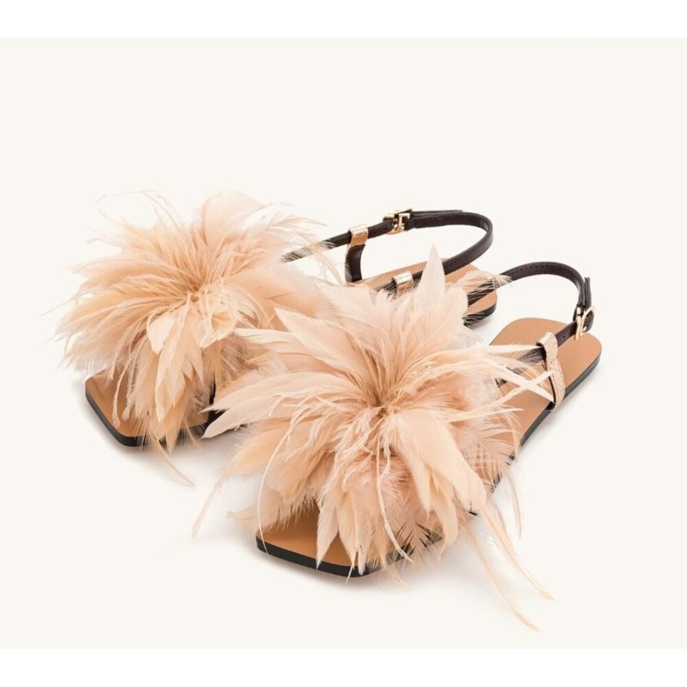 JW Pei Fluffy Flats Sandals Brown Feather Embellished Open Toe Women Size 7.5